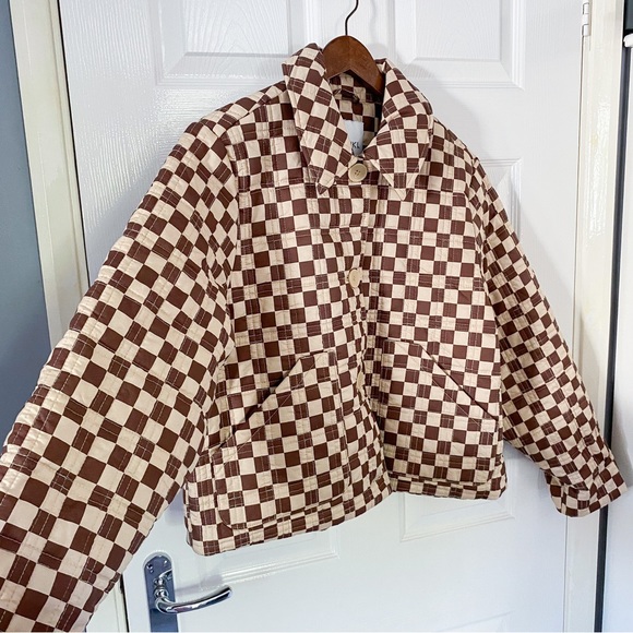 Monki Nicco cotton jacket in brown checkerboard gingham print - Picture 2 of 4